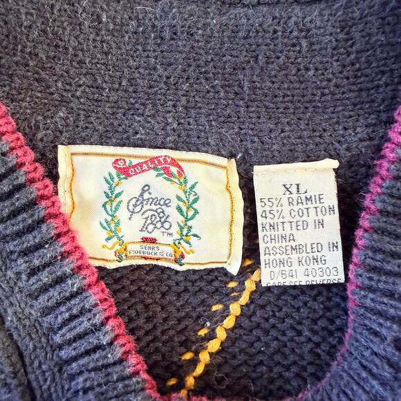 Vintage Sears Roebuck Navy Diamond Knit V-Neck Sweater Size XL Academia Preppy - Picture 4 of 4